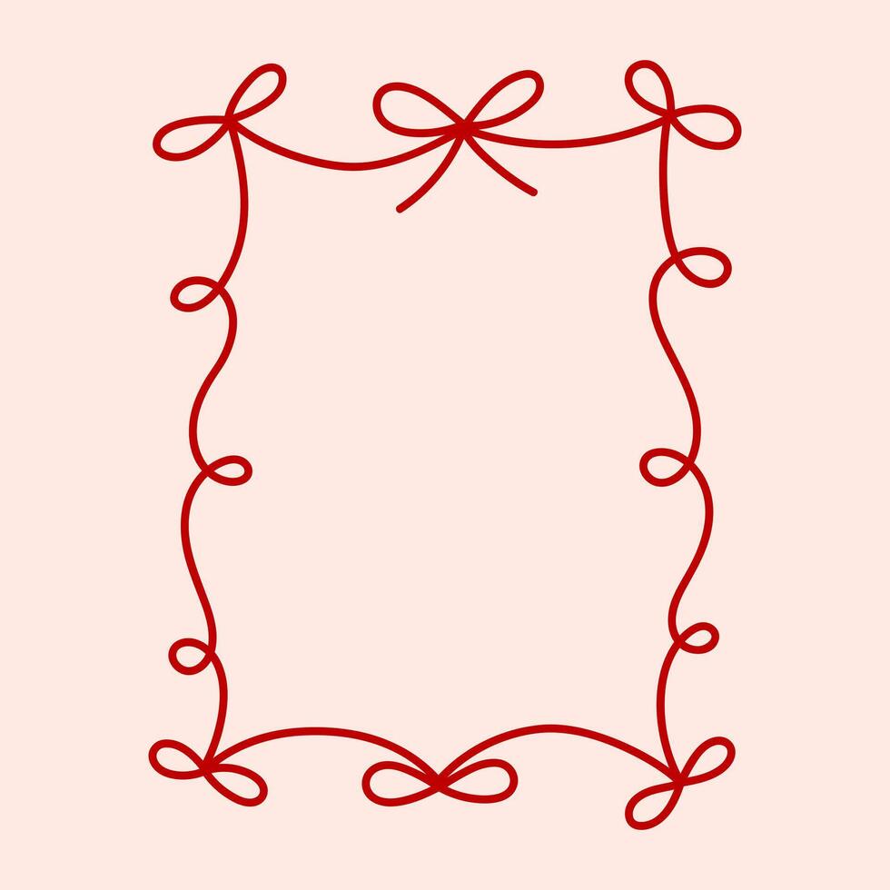 Frame of coquette pretty charming red bow ribbon. Hand drawn trendy minimalist border. Vintage bowknot frame for greeting cards, wedding, invitations, social media. Line art vector