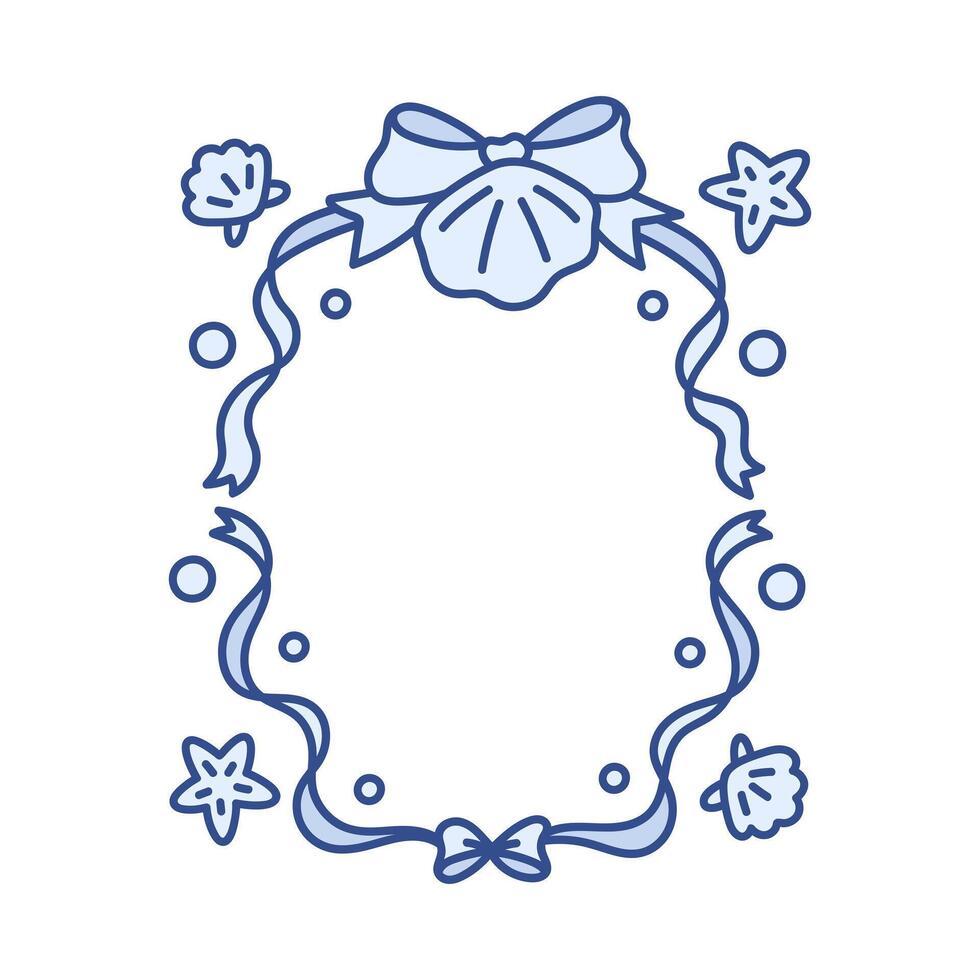 Coquette frame of ribbon bow and sea stars, shells, pearls. Hand drawn blue ink marine wreath. Summer beach vibe. Whimsical background vector
