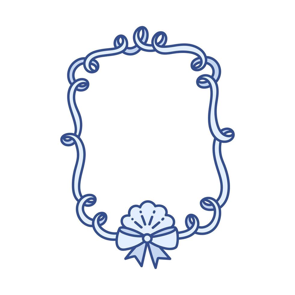 Coquette frame of ribbon with bow and sea shell. Hand drawn blue ink marine border. Summer beach vibe. Whimsical background for greeting cards, invitations, social media vector