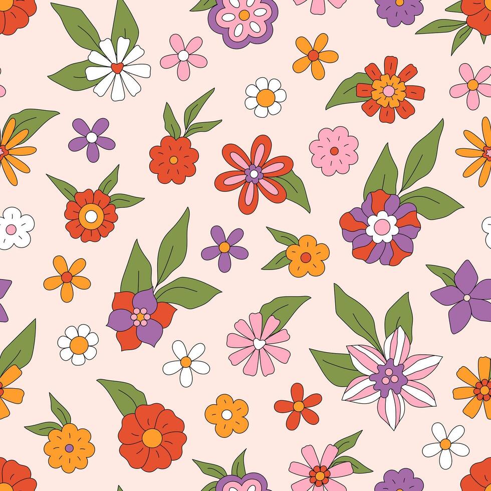 Retro seamless pattern of gorgeous wild flowers and green leaves. Textile design with groovy hippie daisy. Vintage 60s 70s background. Floral boho wallpaper vector