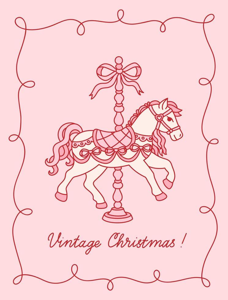 Christmas greeting card with vintage carousel horse, bow, ribbon frame. Coquette retro aesthetic. Template with whimsical trendy animal. illustration for invitation, poster, cover vector