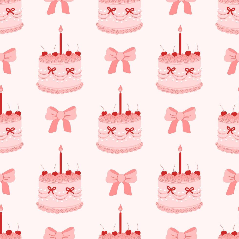 Seamless pattern of coquette cherry cake and beautiful ribbon bows. Holiday background with vintage sweet cake. Flat illustration for wedding, birthday, valentine day vector