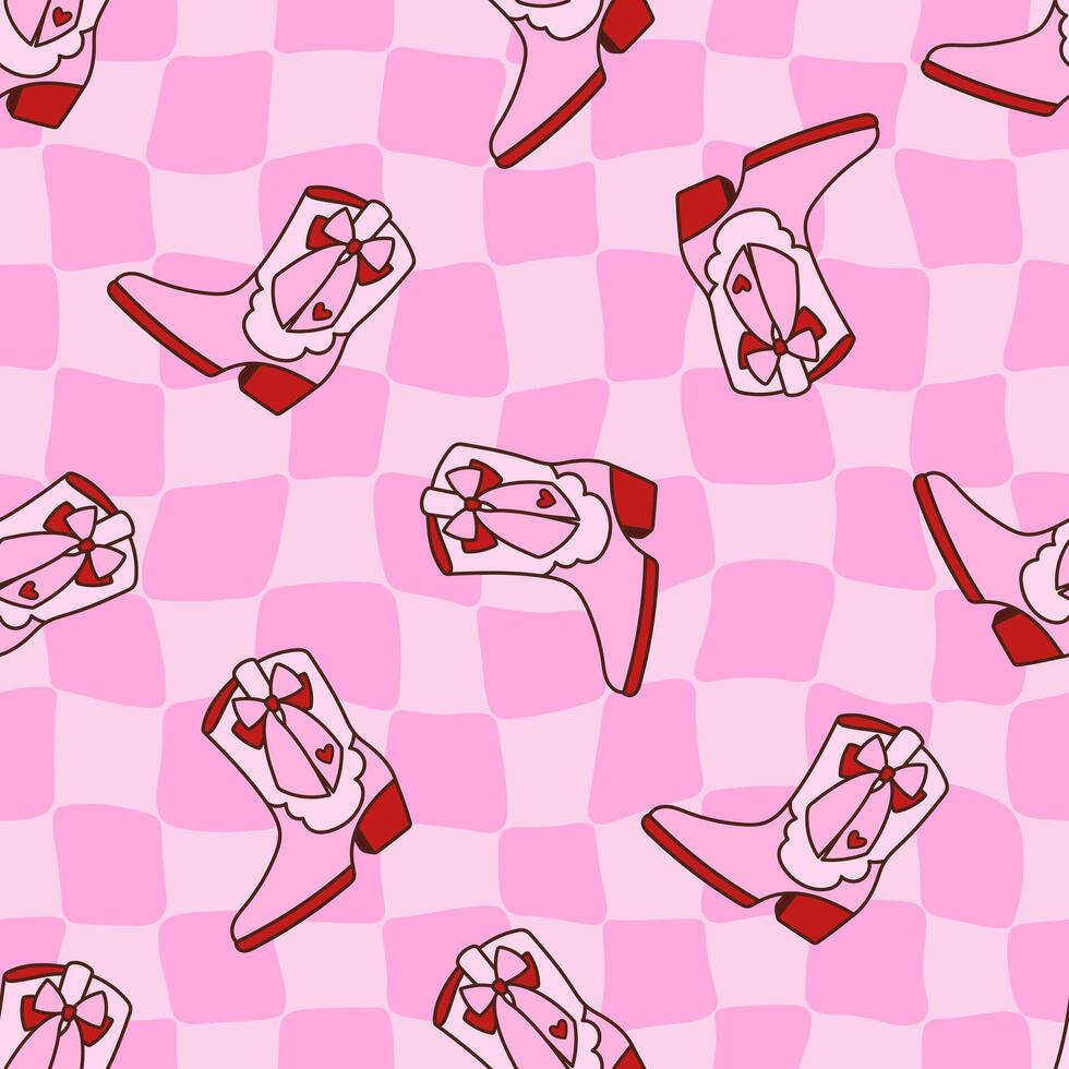 Pink trippy grid seamless pattern with Cowgirl boots. Groovy distorted chessboard background. Design with Western footwear decorated coquette bow, heart. Wild West women shoes. Retro aesthetic vector