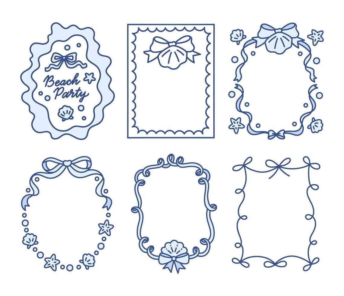Set of frames with coquette charming bows, seashells, pearls, sea stars. Hand drawn trendy ribbons border. Whimsical background for greeting cards, event invitations, social media. Sea witchery vibe vector