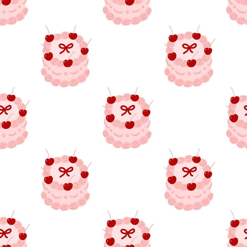 Seamless pattern of coquette cake decorated with cream, red bow, cherry berry. Holiday background with vintage sweet cake. Flat illustration for wedding, birthday, valentine day vector