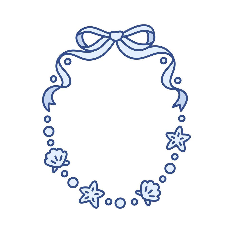 Coquette frame of ribbon bow and sea stars, shells, pearls. Hand drawn blue ink marine wreath. Summer beach vibe. Whimsical background for greeting cards, invitations, social media vector