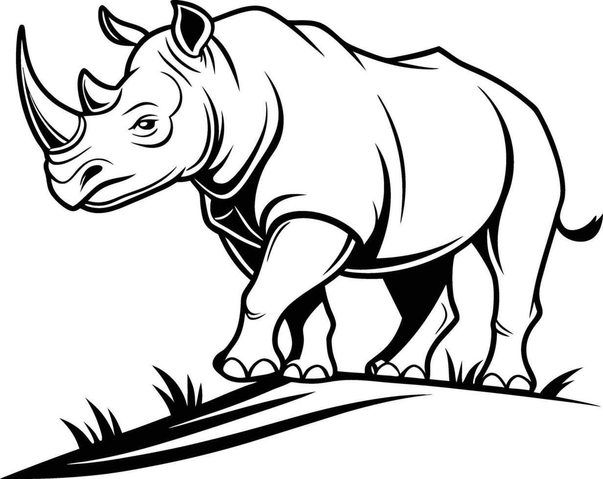 Line art illustration of a rhinoceros walking on a hill. vector