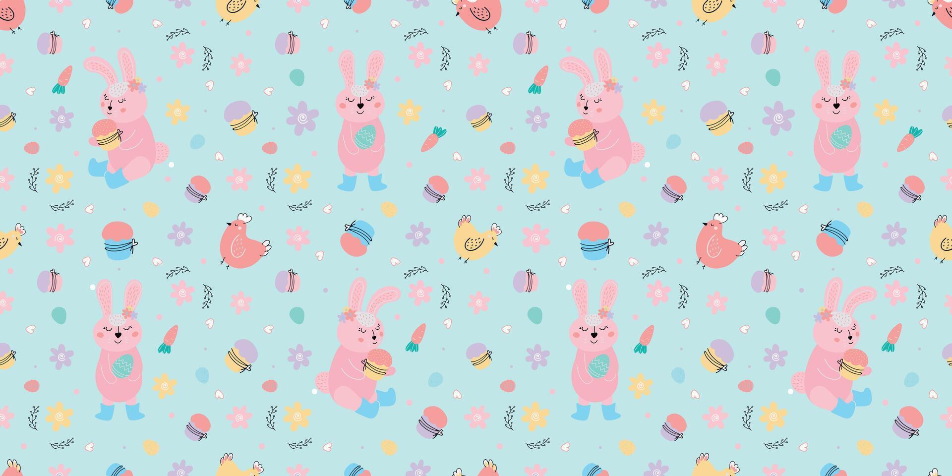 Blue pattern with bunnies cakes and chickens vector