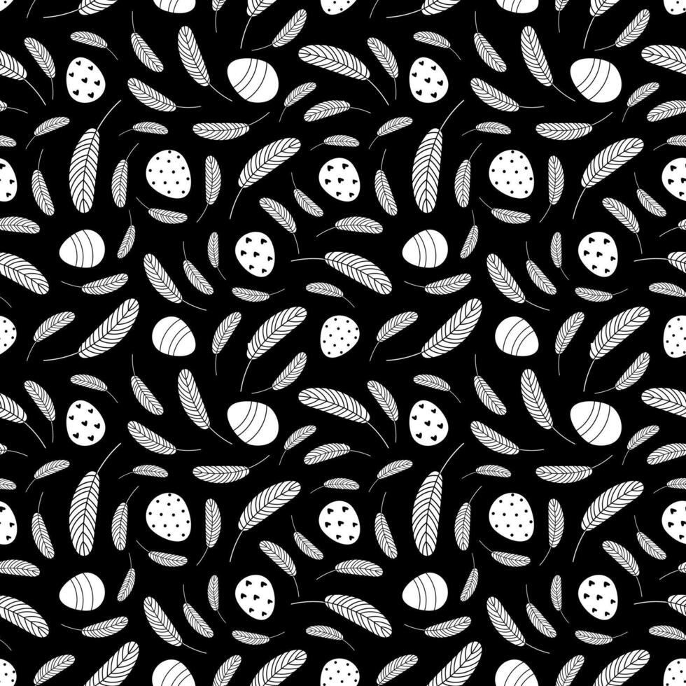 Black and white Eggs and feathers Easter seamless pattern vector