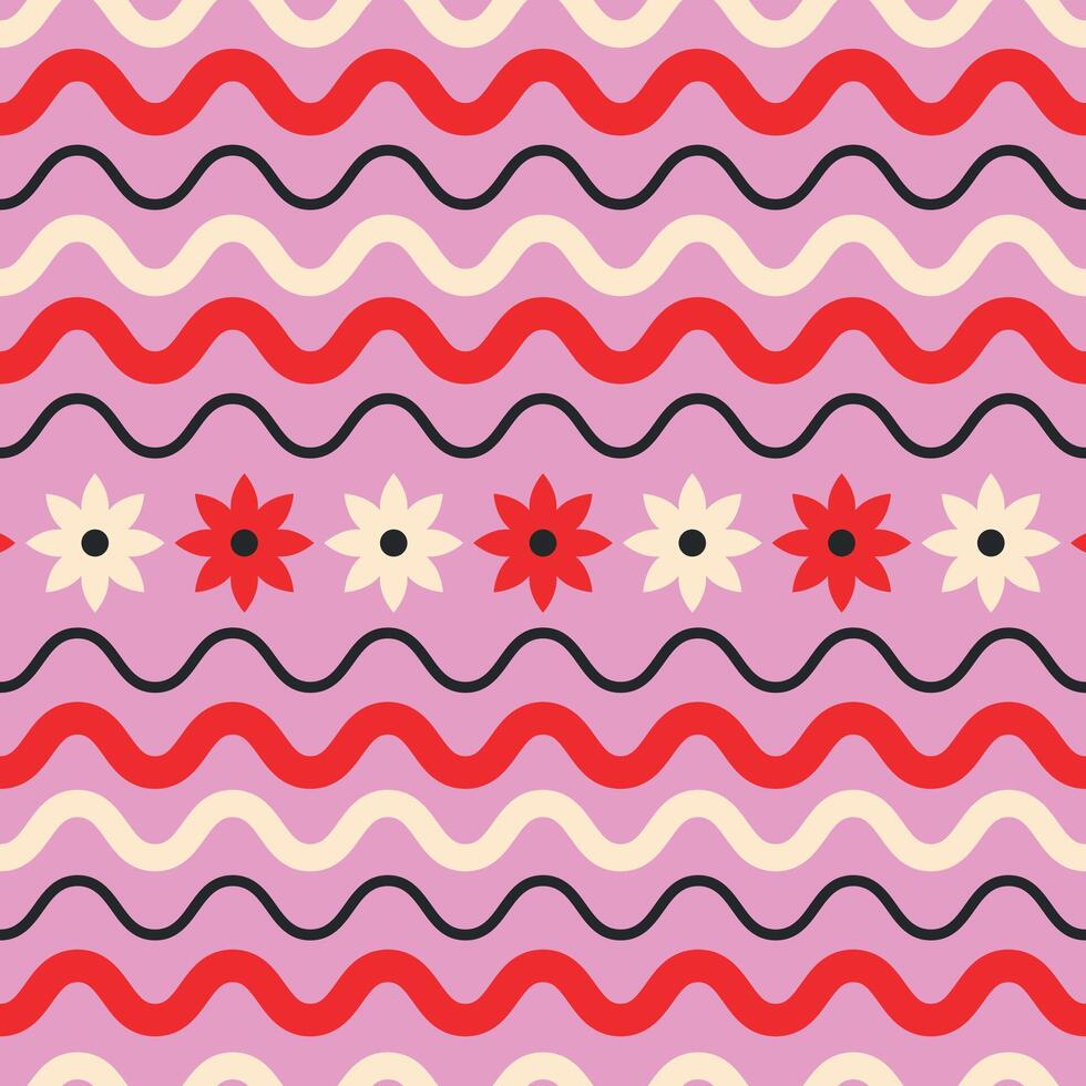 Pink geometrical pattern with waves and flowers vector