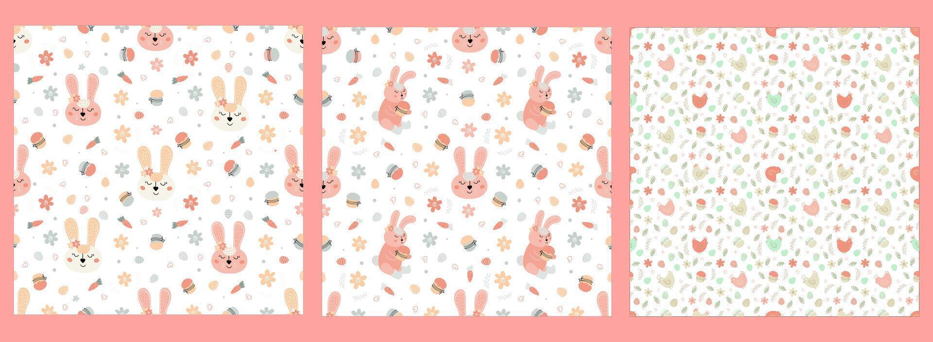 Easter seamless patterns with rabbits, Easter eggs, cakes vector
