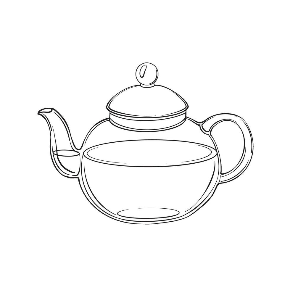 Teapot in minimal glass style, black line drawing on white background. Perfect for tea packaging, labels, cafe design, coloring books, and minimalistic kitchen illustrations. vector