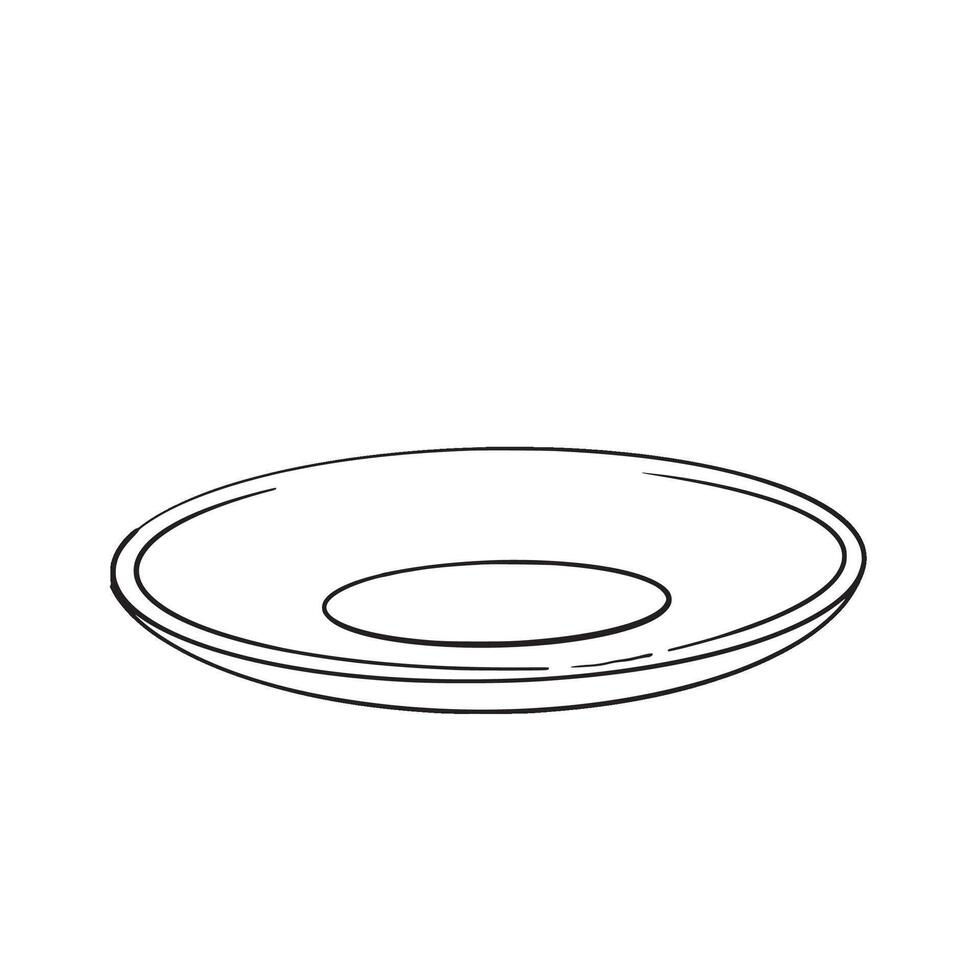 Empty saucer for teacup, black line drawing on white background. Perfect for tea themed compositions, cafe menu design, product mockups, packaging, and tableware illustrations. vector