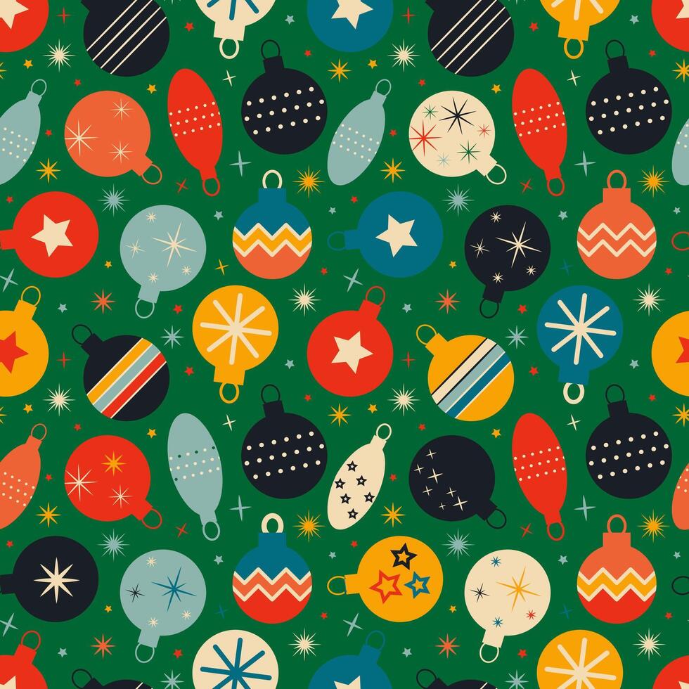 Green Christmas pattern with tree toys vector