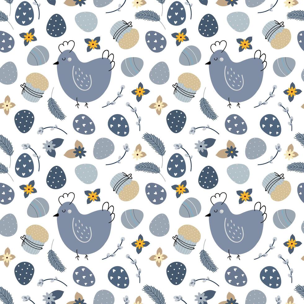Blue and white seamless pattern with chickens and ehhs vector