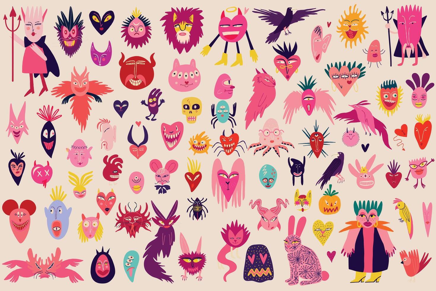 Vibrant Strange ugly Halloween characters. Cute bizarre characters in modern hand drawn style vector