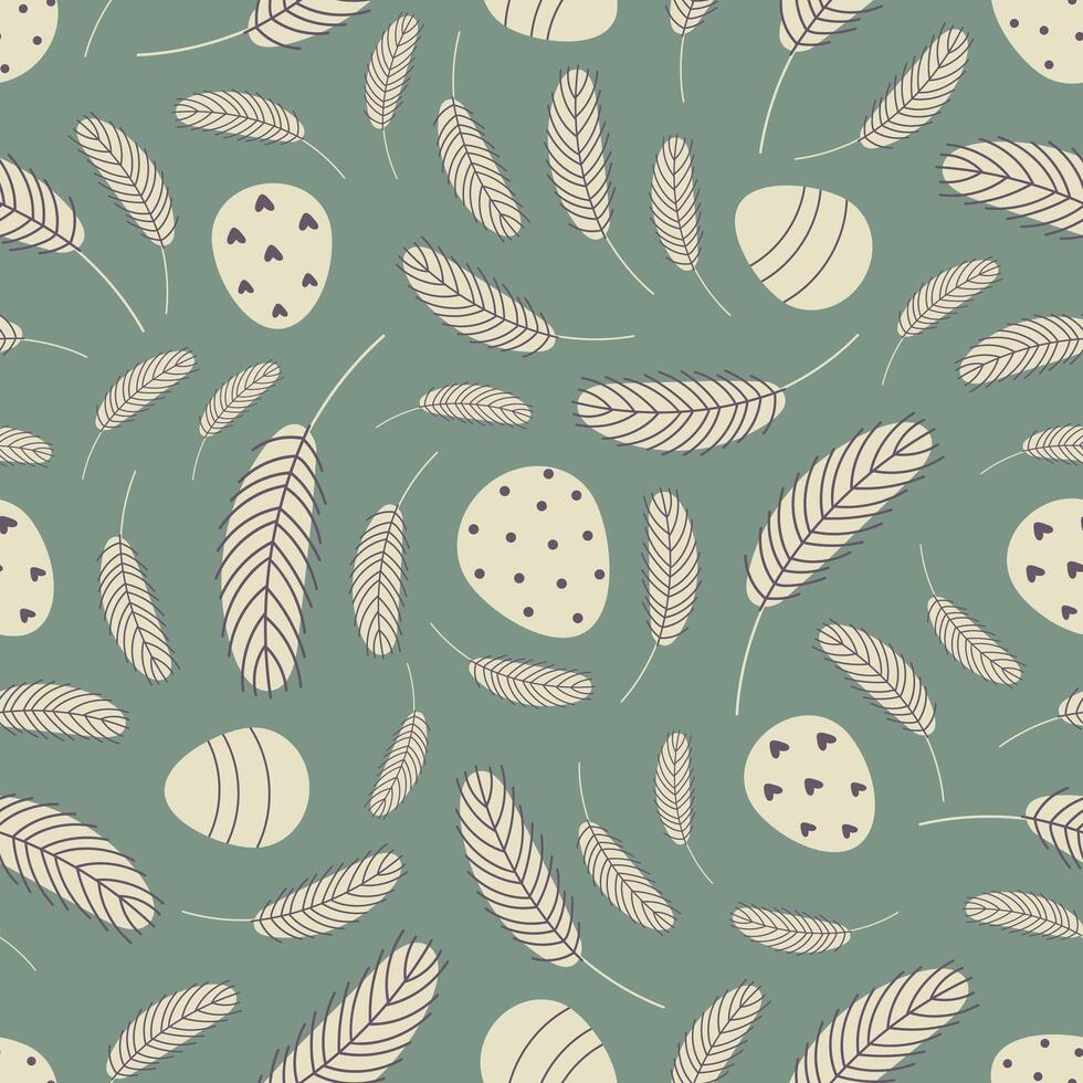 Green Easter pattern with beige eggs and festhers vector