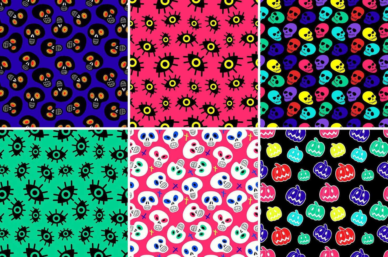 Colorful Halloween creepy spooky seamless patterns. vector