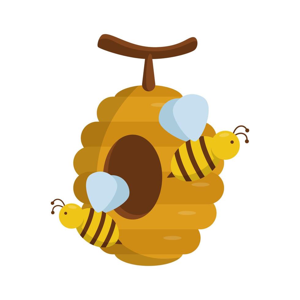 Isolated beehive flat illustration with two bees vector
