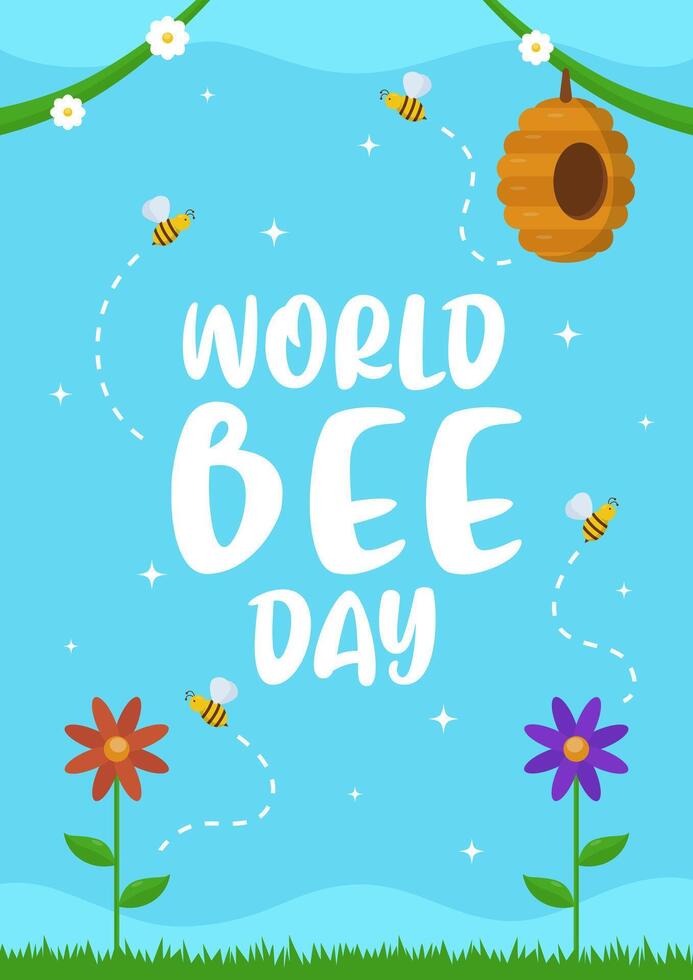 World bee day poster greeting template with beehive, flowers, and bees on blue. Bee day background vector