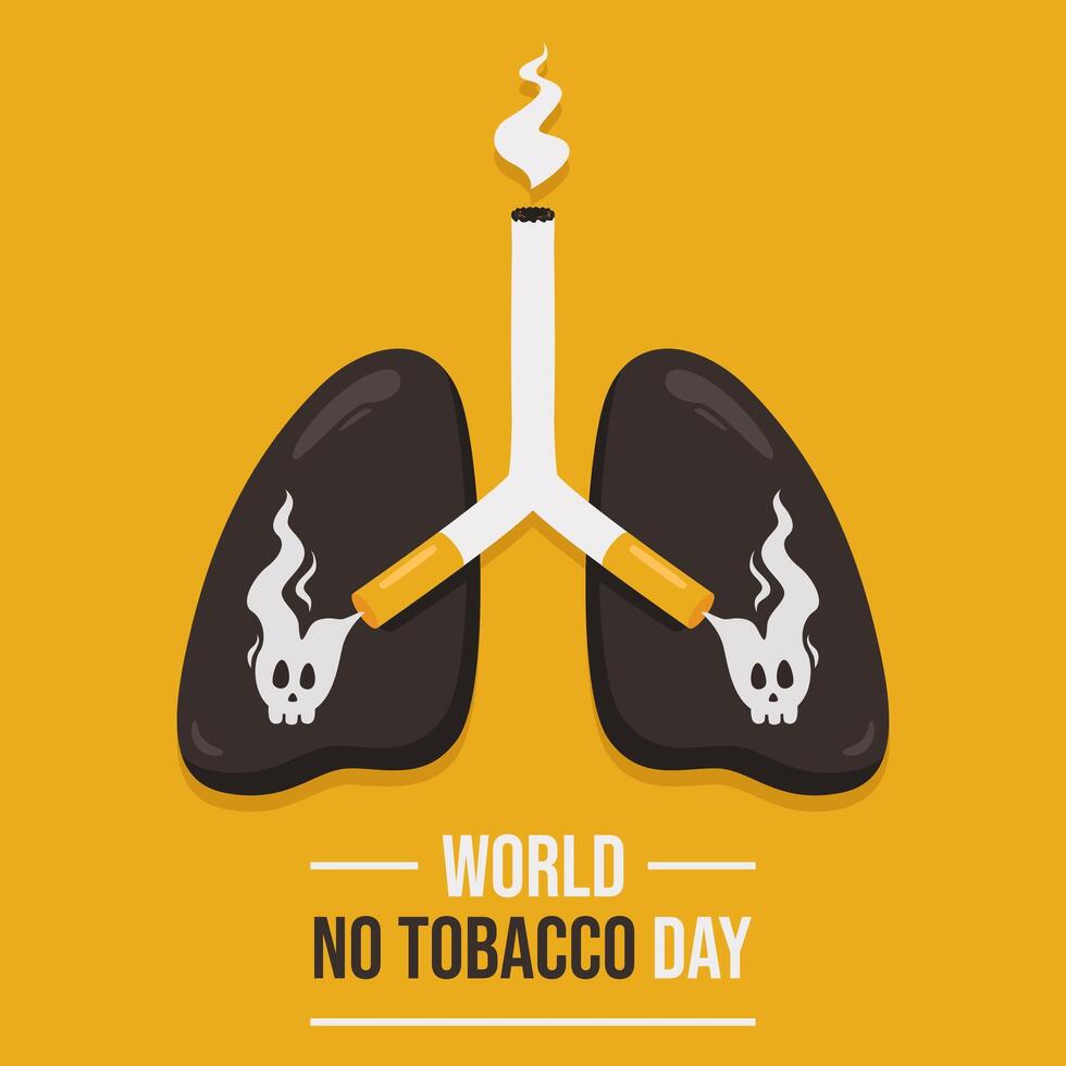 Simple World No Tobacco Day greeting template with unhealthy lung illustration and cigarette on yellow background vector