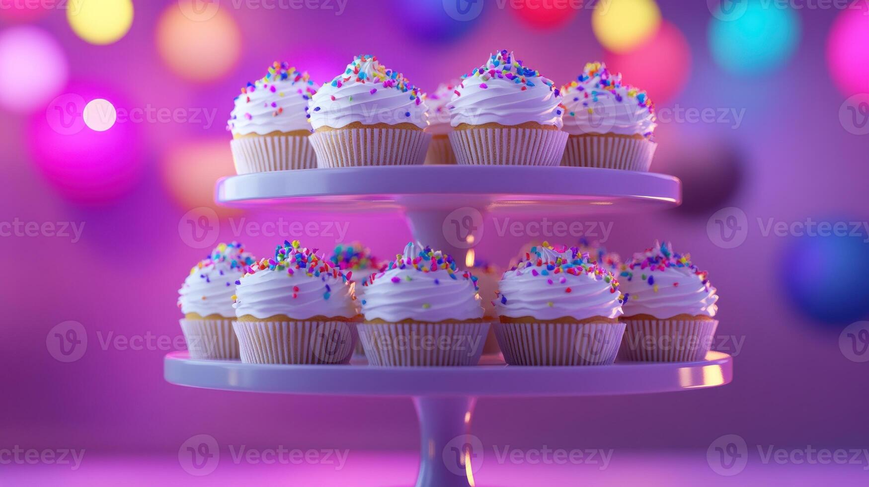 Festive cupcakes on tiered stand. Colorful sprinkles atop fluffy white frosting. Perfect for a celebration photo