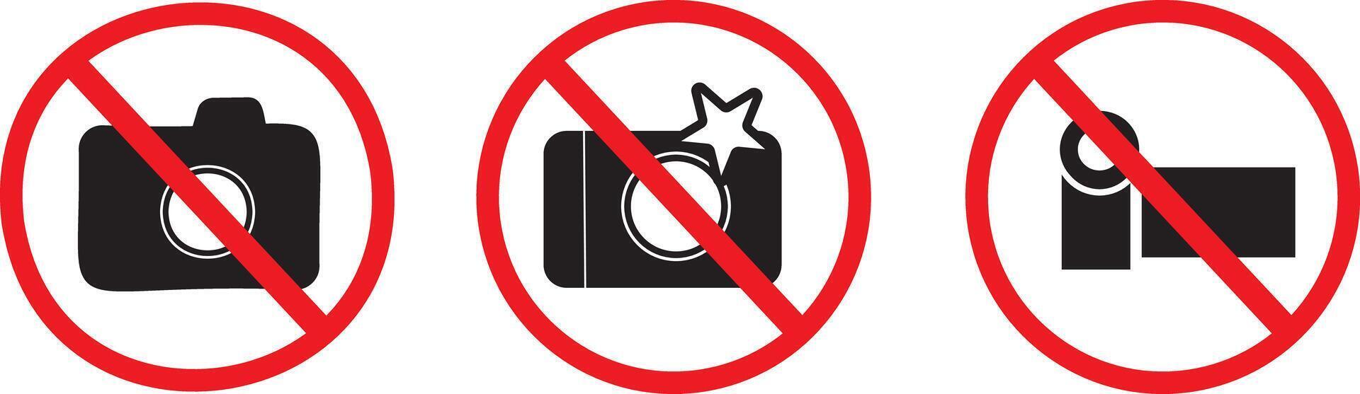 set of No photography allowed. prohibition sign in red color, No cameras allowed signs. Camera Prohibited Zone symbol, vector