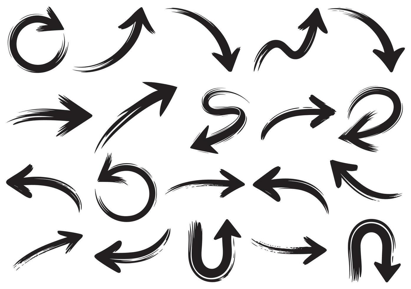 Hand Drawn Arrow Brush Bundle, Collection of Sketchy Arrows in Multiple Directions, Curved and Swirled Brush Strokes, Perfect for Infographics, Presentations, Web UI, and Design Elements vector