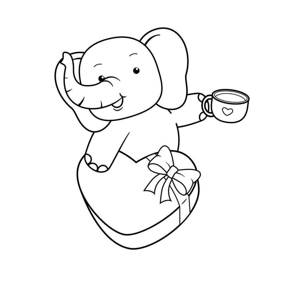 An elephant holding a cup and a heart coloring page vector