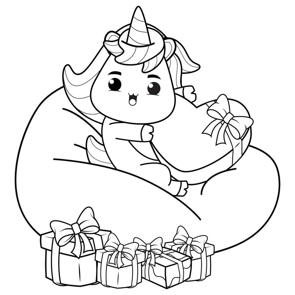 A coloring page with a unicorn sitting on a bean bag vector