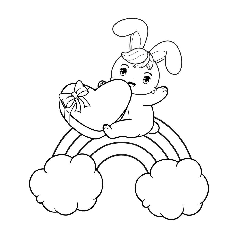 A bunny is holding a heart on a rainbow coloring page vector