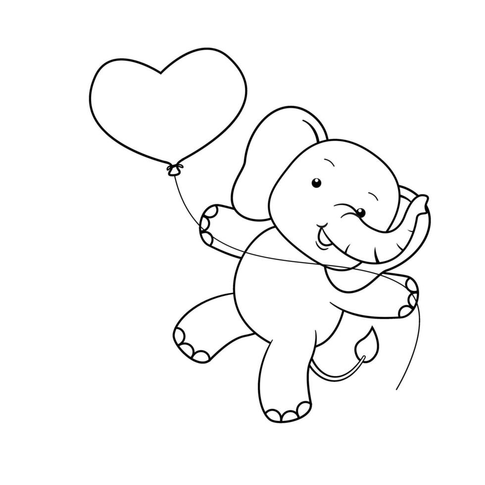 A cartoon elephant holding a heart balloon coloring page vector