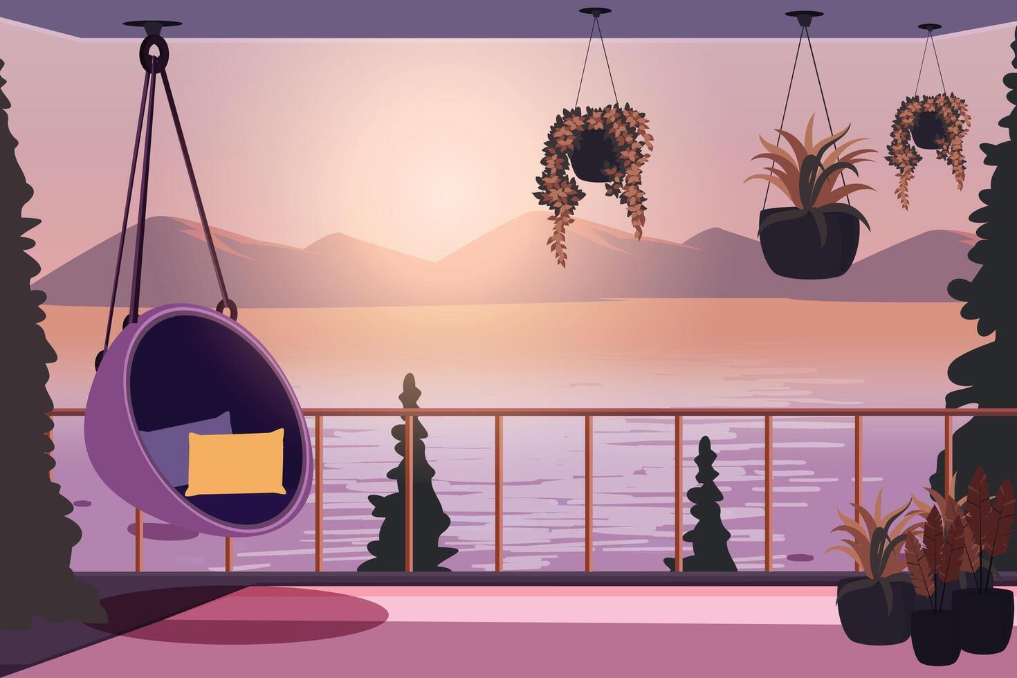 Balcony Sunset View with Hanging Chair vector