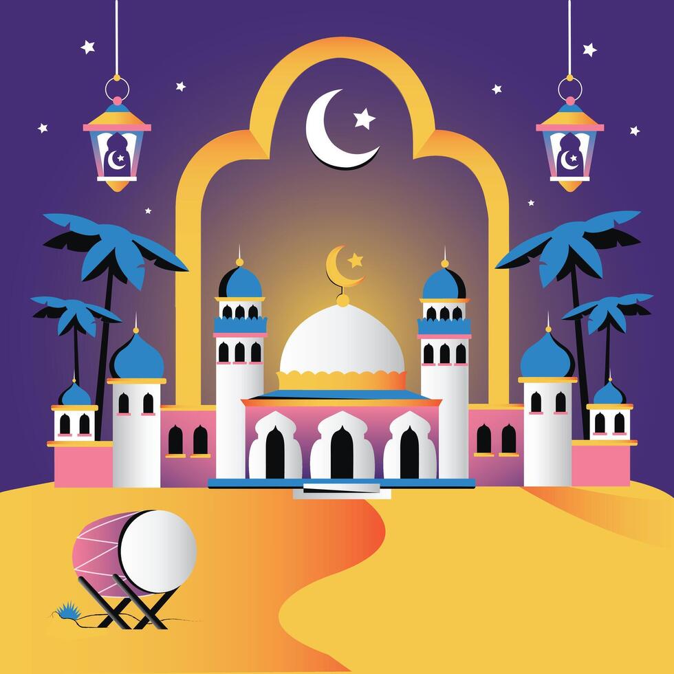 Eid Mubarak Mosque Illustration with Crescent Moon and Lanterns vector