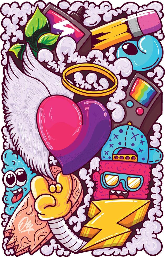 Whimsical Doodle Art with Hearts, Aliens, and Cool Characters vector