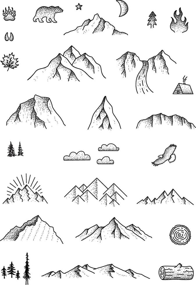 Hand-drawn Mountain and Nature Icon Set vector