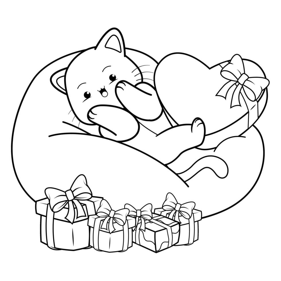 A cat laying in a bean bag with presents coloring page vector