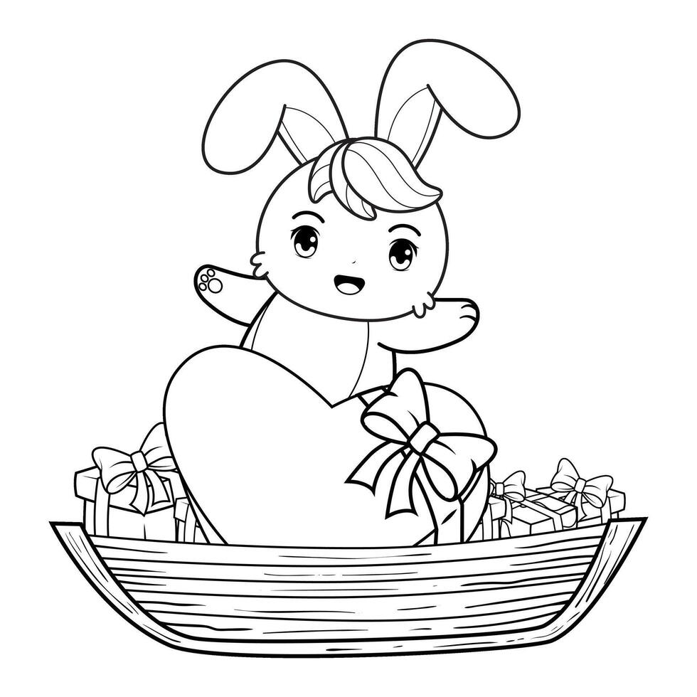 A bunny is sitting in a boat with presents coloring page vector