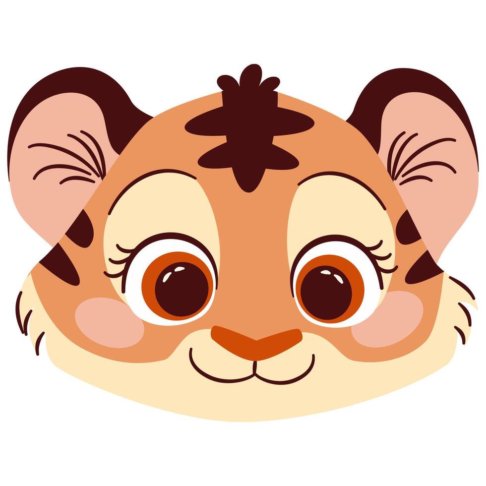 Flat illustration in cute cartoon children style. Tiger face on white background vector