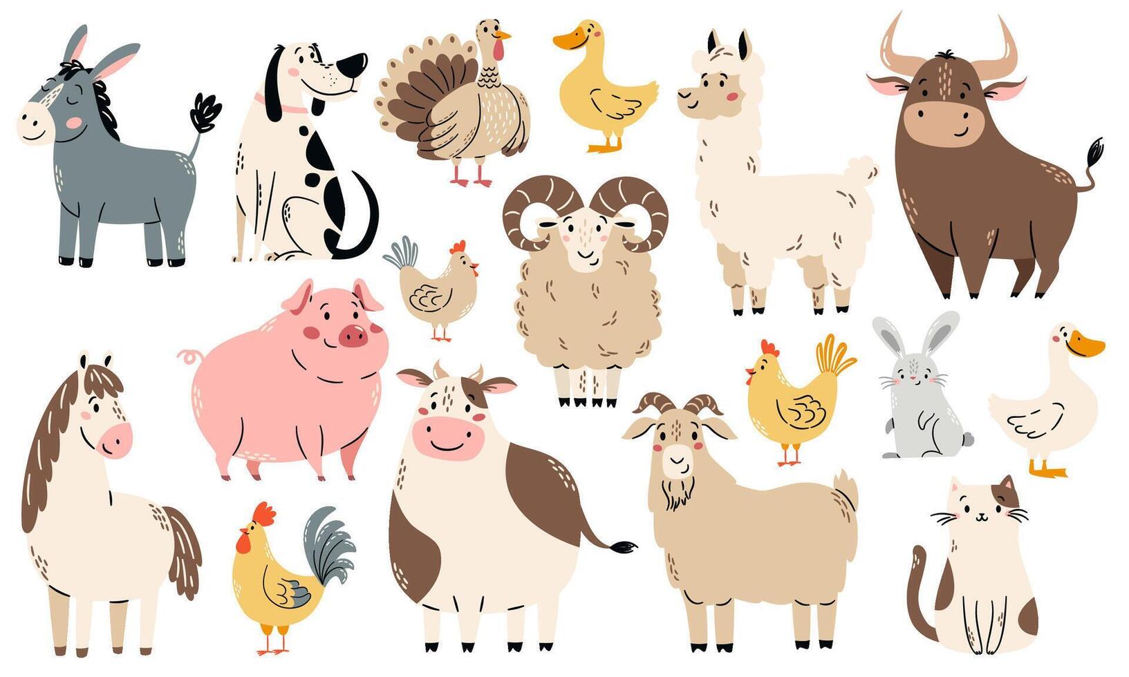 A set of flat illustrations in a simple children's style. Cute horse pig cow cow bull dog dog cat turkey hen chicken rooster sheep goat goose duck donkey rabbit on white background vector