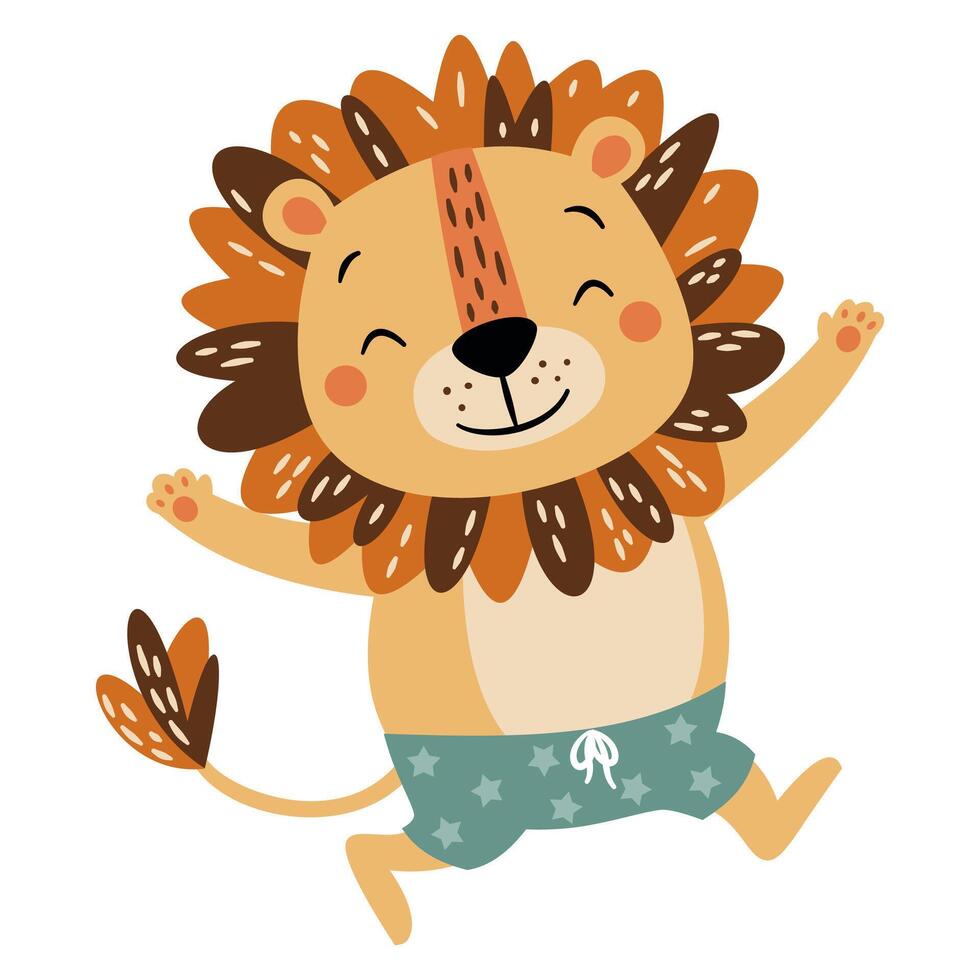 Flat illustration in a simple children's style. Cute lion in swimming trunks jumping on white background vector