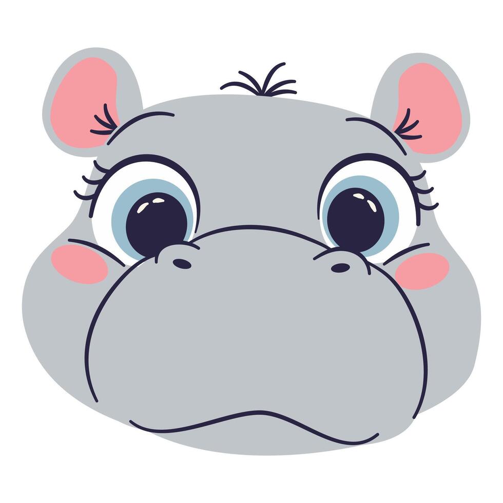 Flat illustration in cute cartoon children style. Hippopotamus face on white background vector