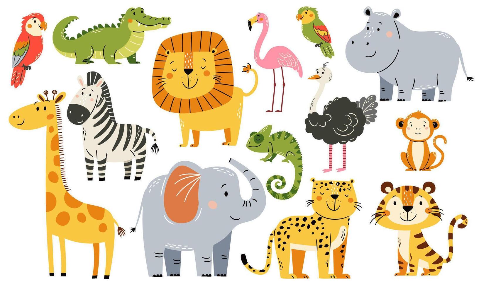 A set of flat illustrations in a simple children's style. Cute elephant giraffe tiger leopard lion parrot ostrich flamingo crocodile chameleon zebra monkey on white background vector