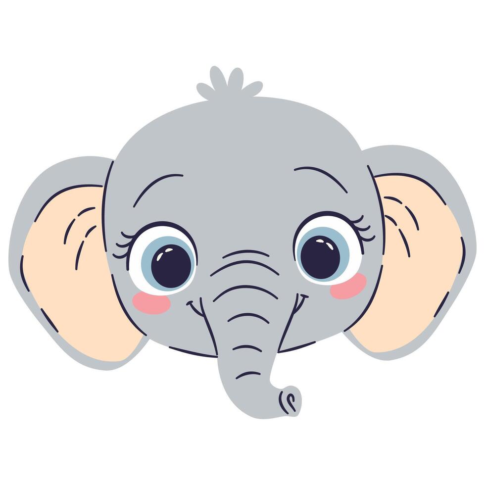 Flat illustration in cute cartoon children style. Elephant face on white background vector