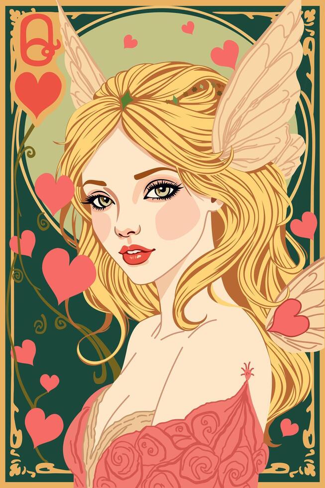 Queen of Hearts. Playing card . Art nouveau style vector