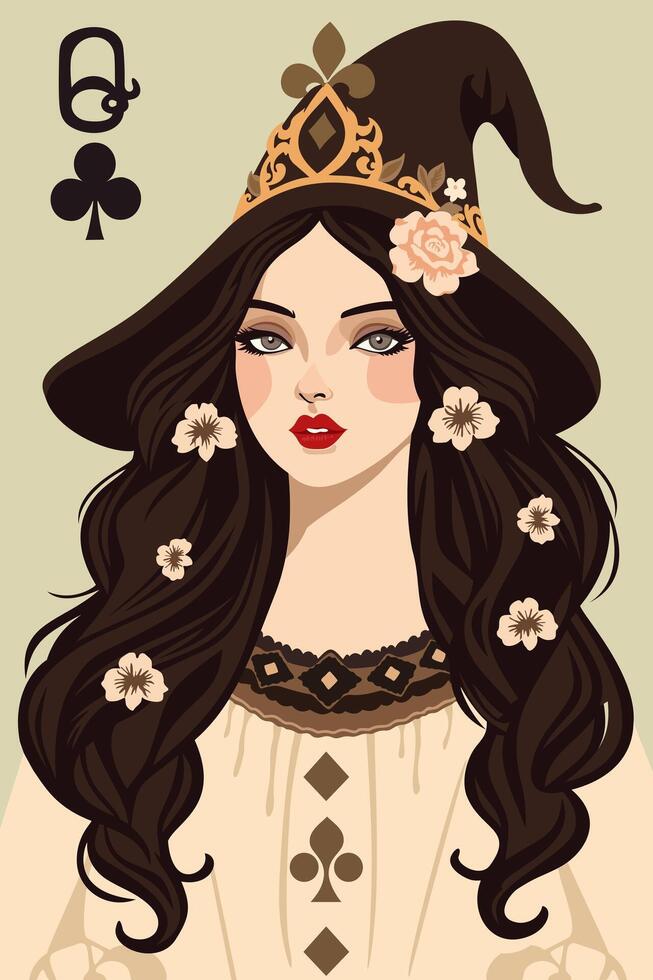 Queen of Clubs. Playing card . Art nouveau style vector