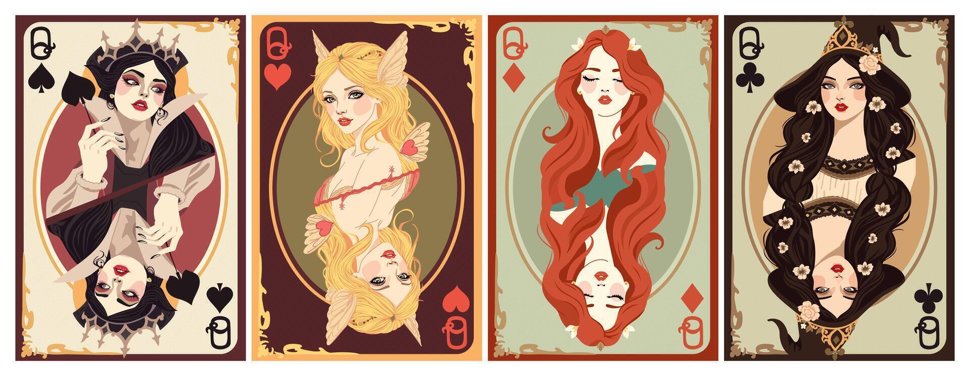 Queen of Spades, Queen of Hearts, Queen of Clubs and Queen of Diamonds. Playing cards set. Art nouveau style vector
