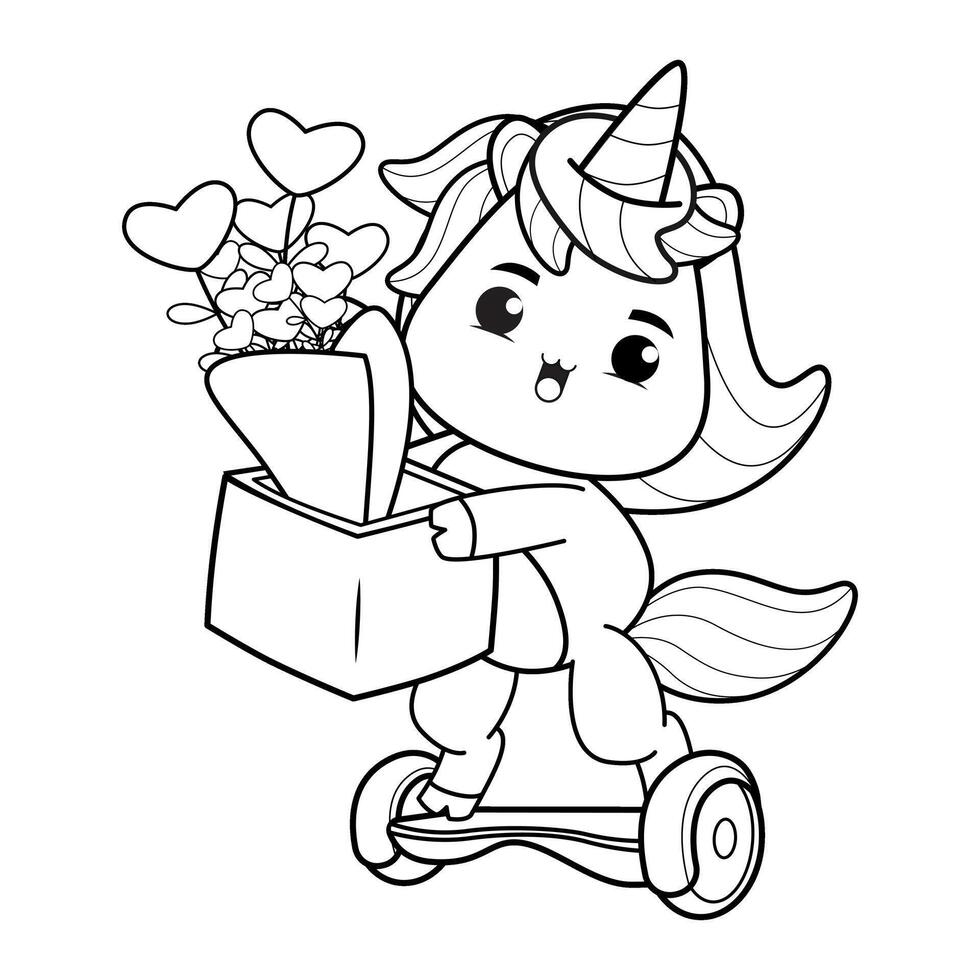 A cartoon unicorn riding a scooter with flowers in the box vector