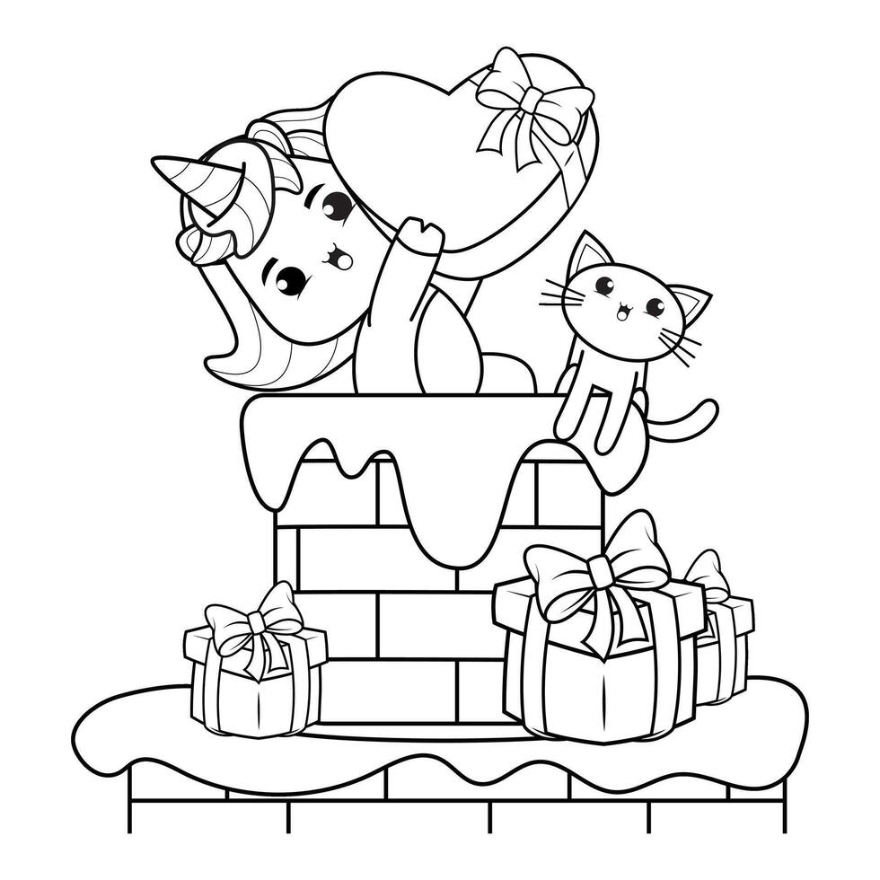 A coloring page with a unicorn and a gift vector