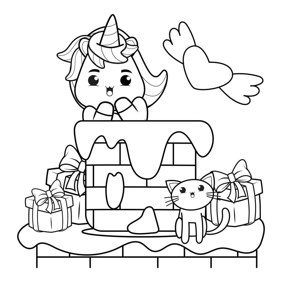 A coloring page with a unicorn and a cat vector